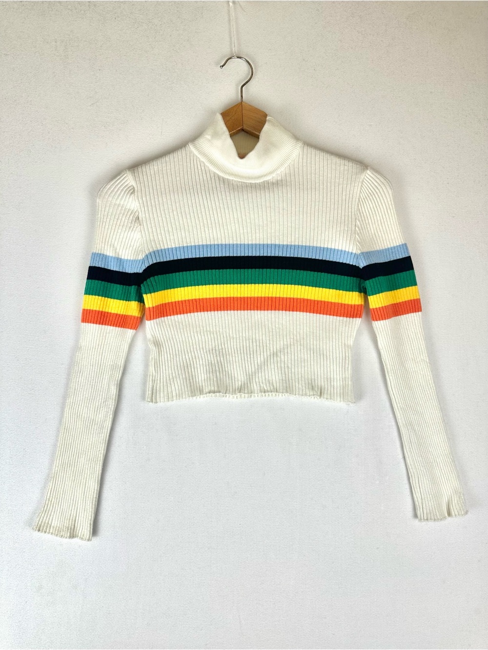 Urban Outfitters OU Rainbow Striped Funnel Neck Ribbed Sweater Cropped